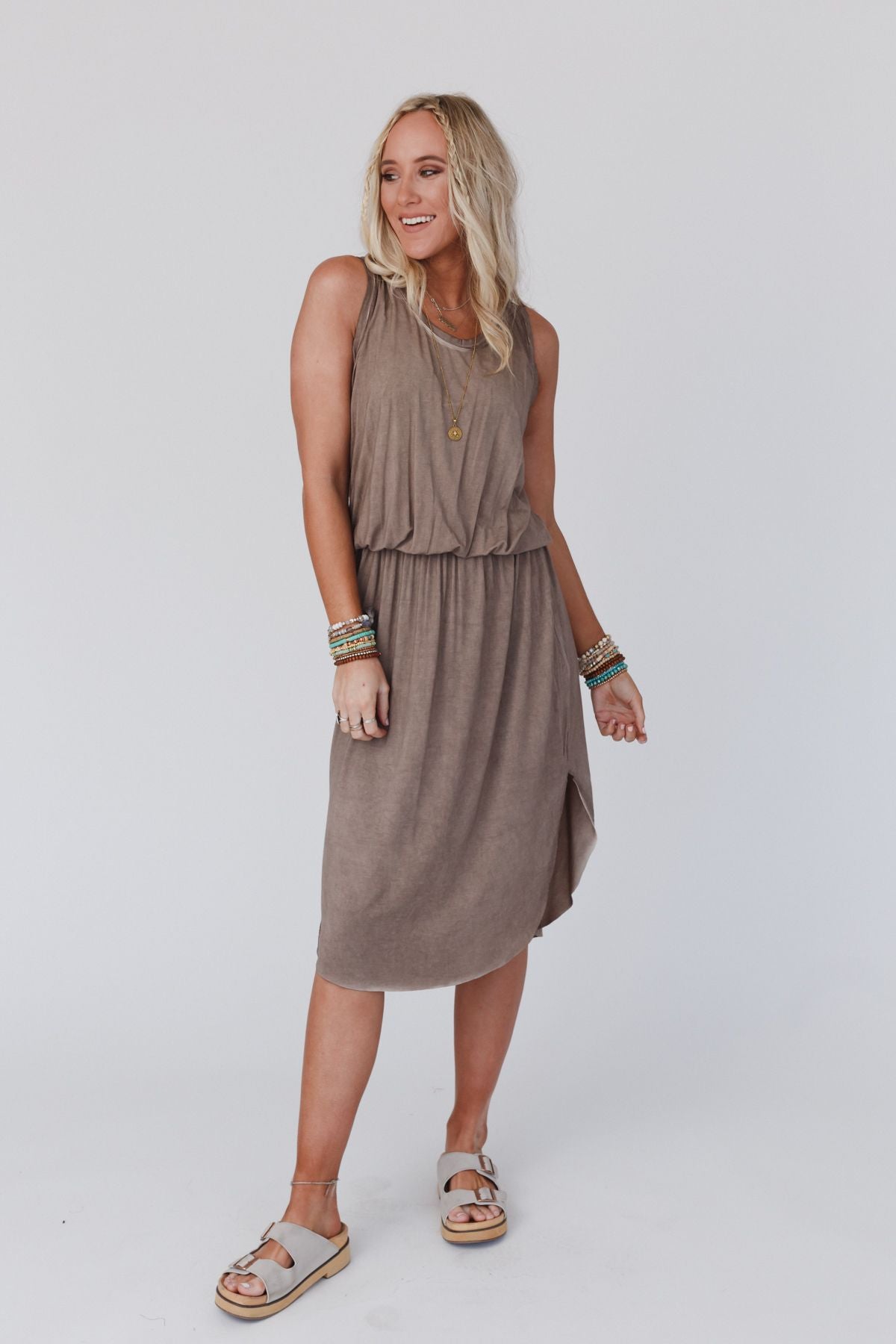 Betsy Stonewashed Midi Tank Dress - Dark Mocha