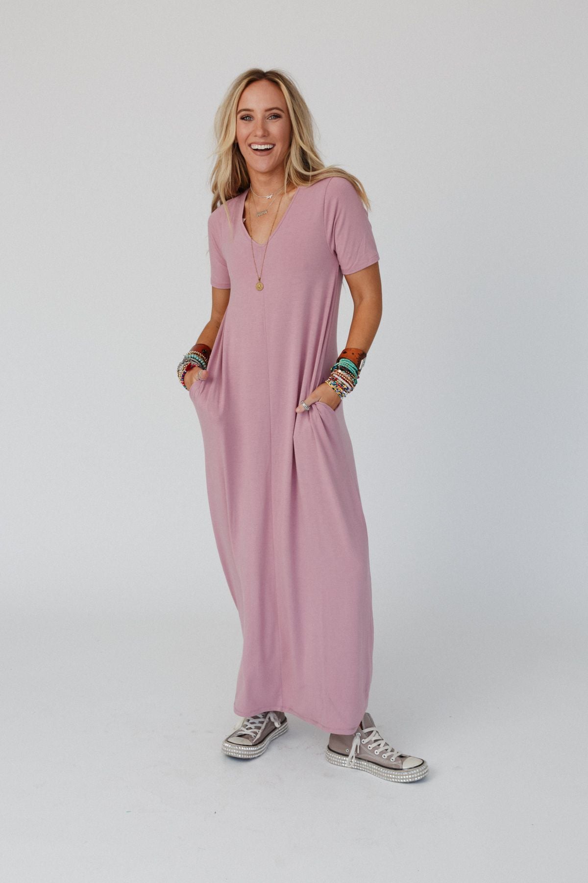 V Neck Pocket Tee Maxi Dress - Light Rose