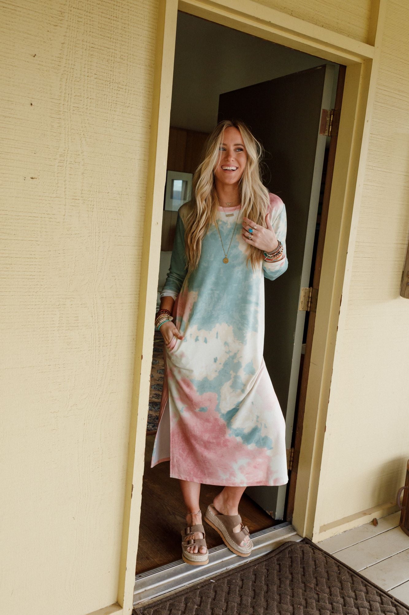 Soul Shine Pocketed Tie Dye Midi Dress - Sage