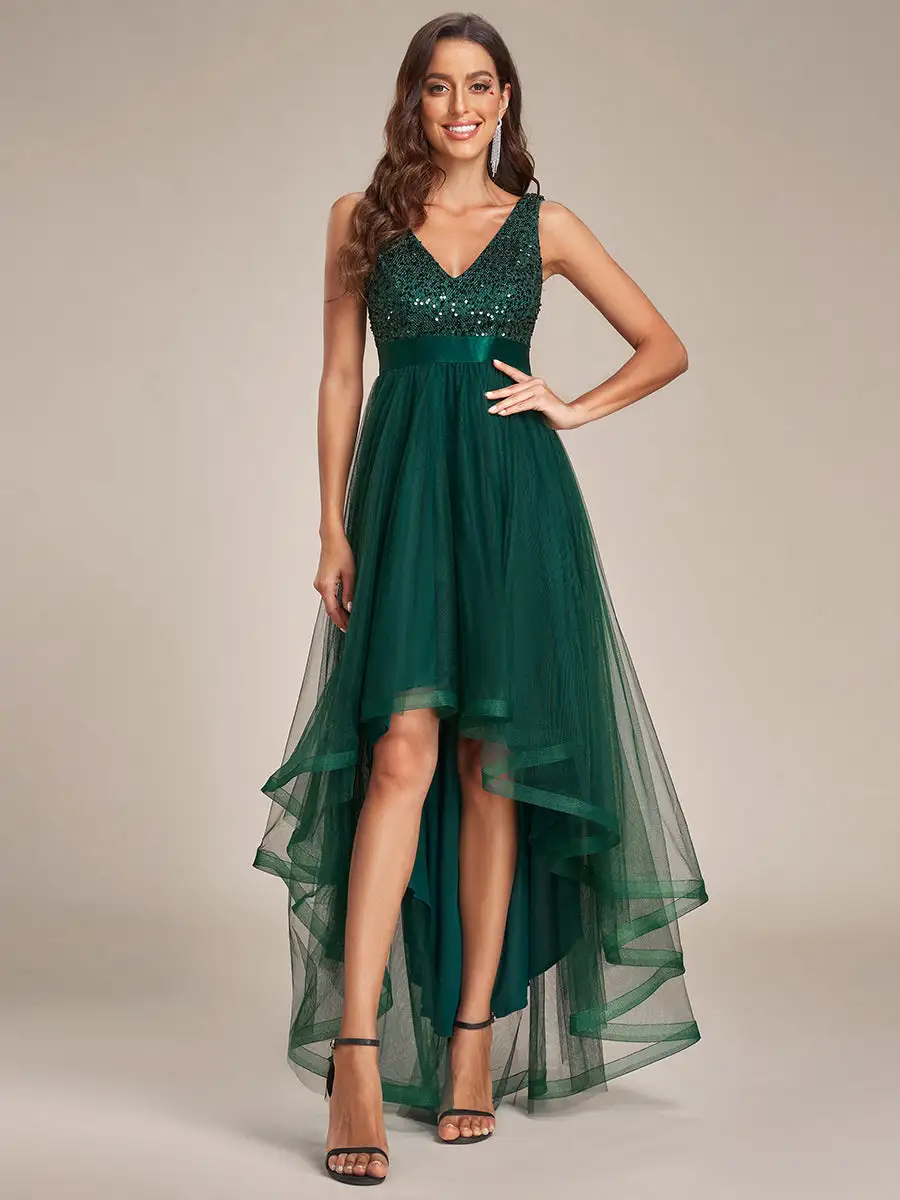 Sparkling Wholesale Evening Dresses with Asymmetrical Hem Deep V Neck