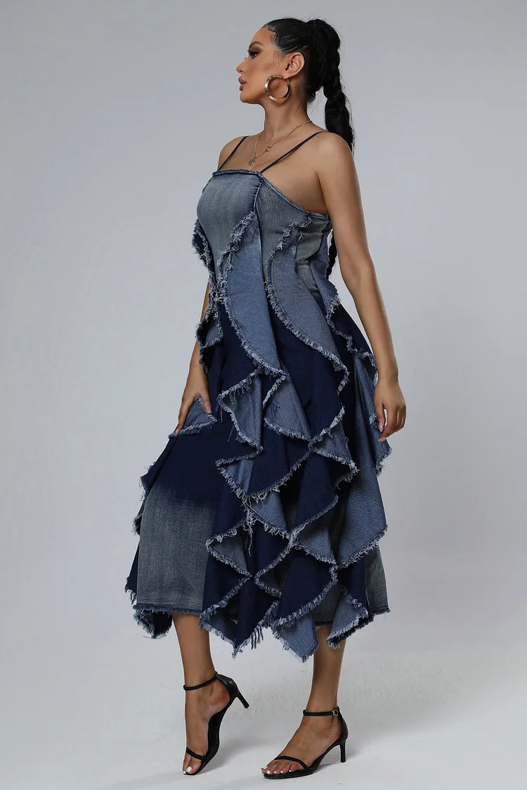 Sleeveless Denim Layered Ruffle Dresses