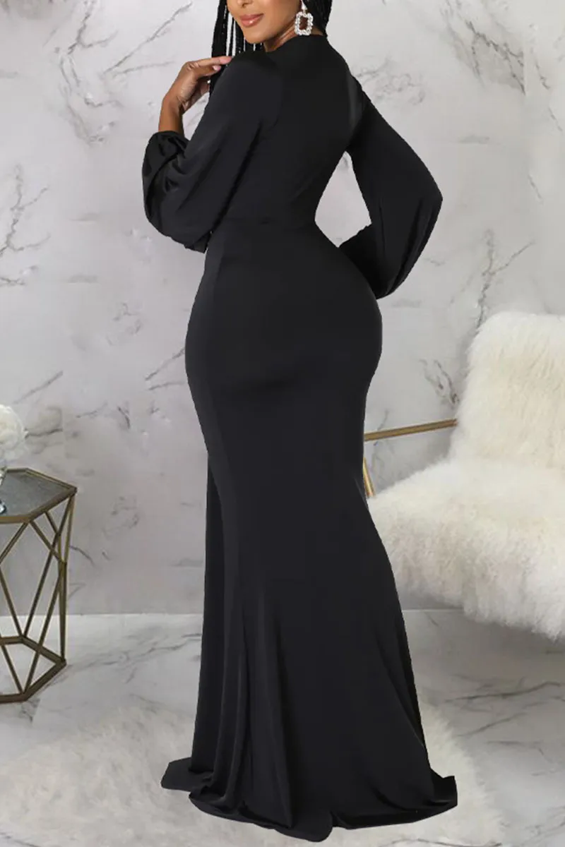 Black Sexy Solid Patchwork V Neck Evening Dress Dresses