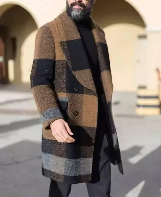 Shawl Lapel Double Breasted Pockets Colorblock Plaid Coat