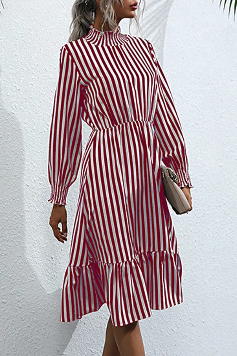 Sweet Elegant Striped Printing Stringy Selvedge Turtleneck A Line Dresses(4 Colors)