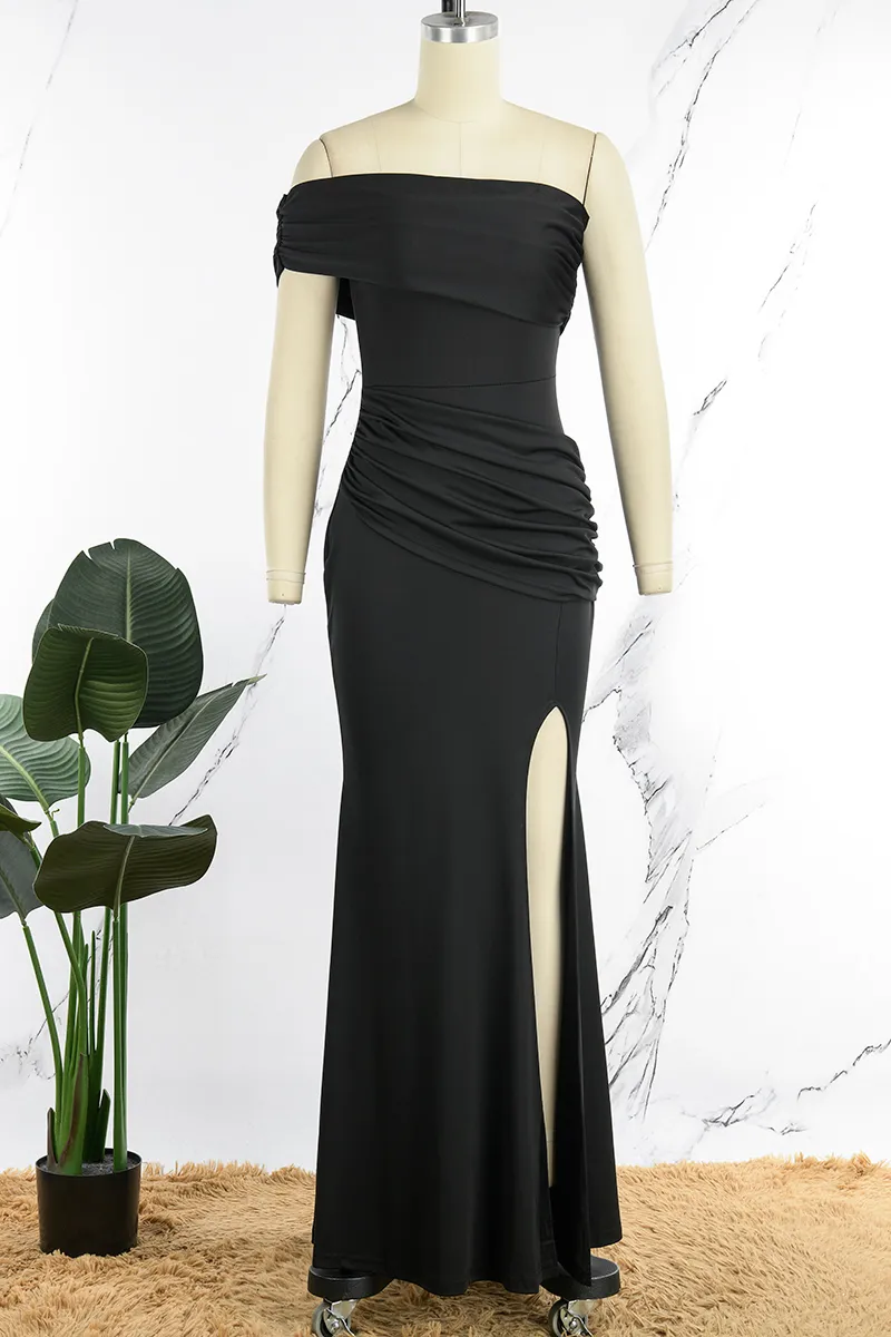 Grey Sexy Elegant Solid Patchwork Slit Asymmetrical Off the Shoulder Evening Dress Dresses