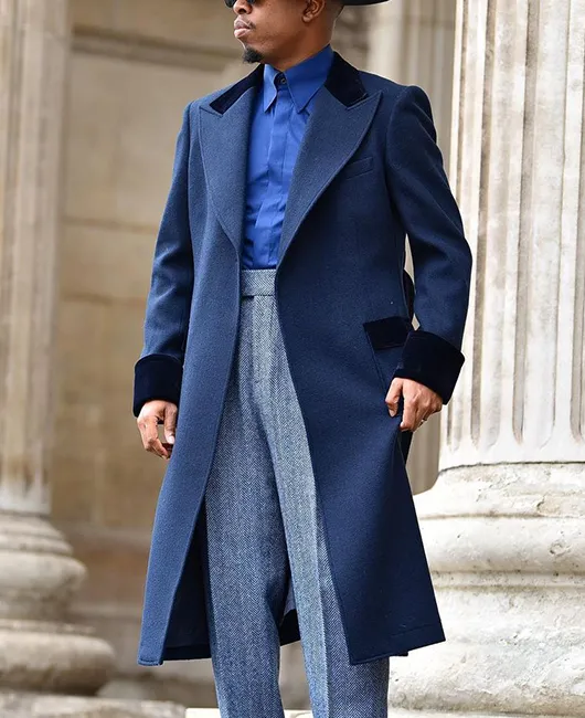 Velvet Splicing Lapel Collar Flap Pockets Lace Up Overcoat