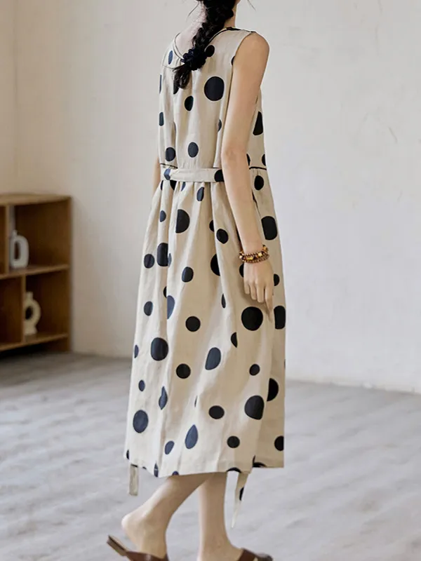 Loose Sleeveless Contrast Color Pleated Polka-Dot Split-Joint Tied Waist Round-Neck Midi Dresses