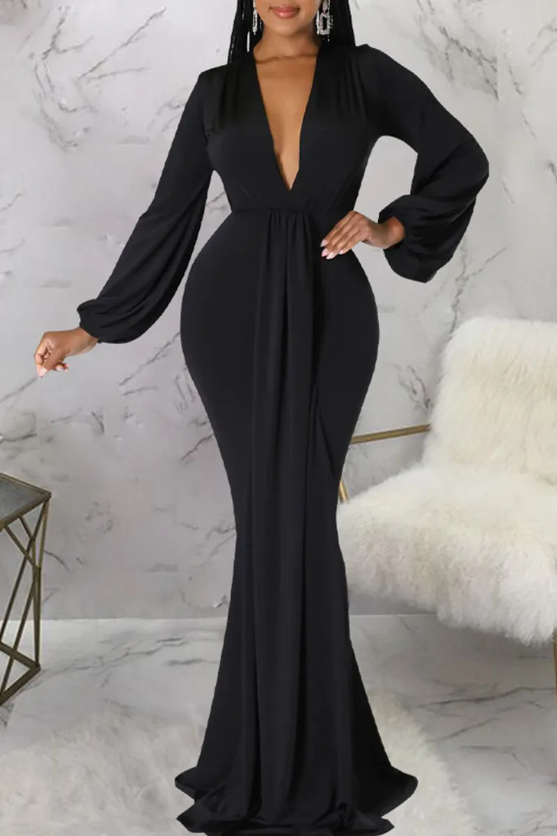 Black Sexy Solid Patchwork V Neck Evening Dress Dresses