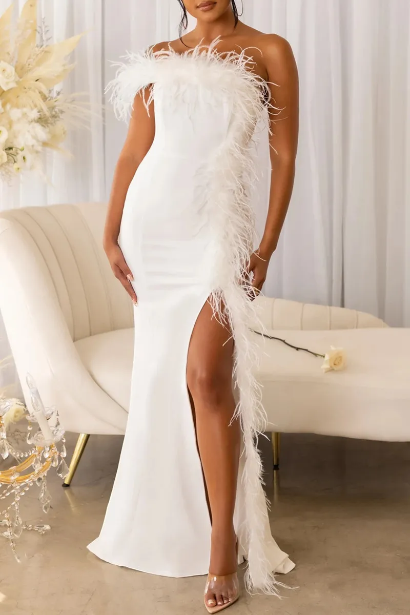 White Sexy Patchwork Feathers Backless Slit Strapless Evening Dress