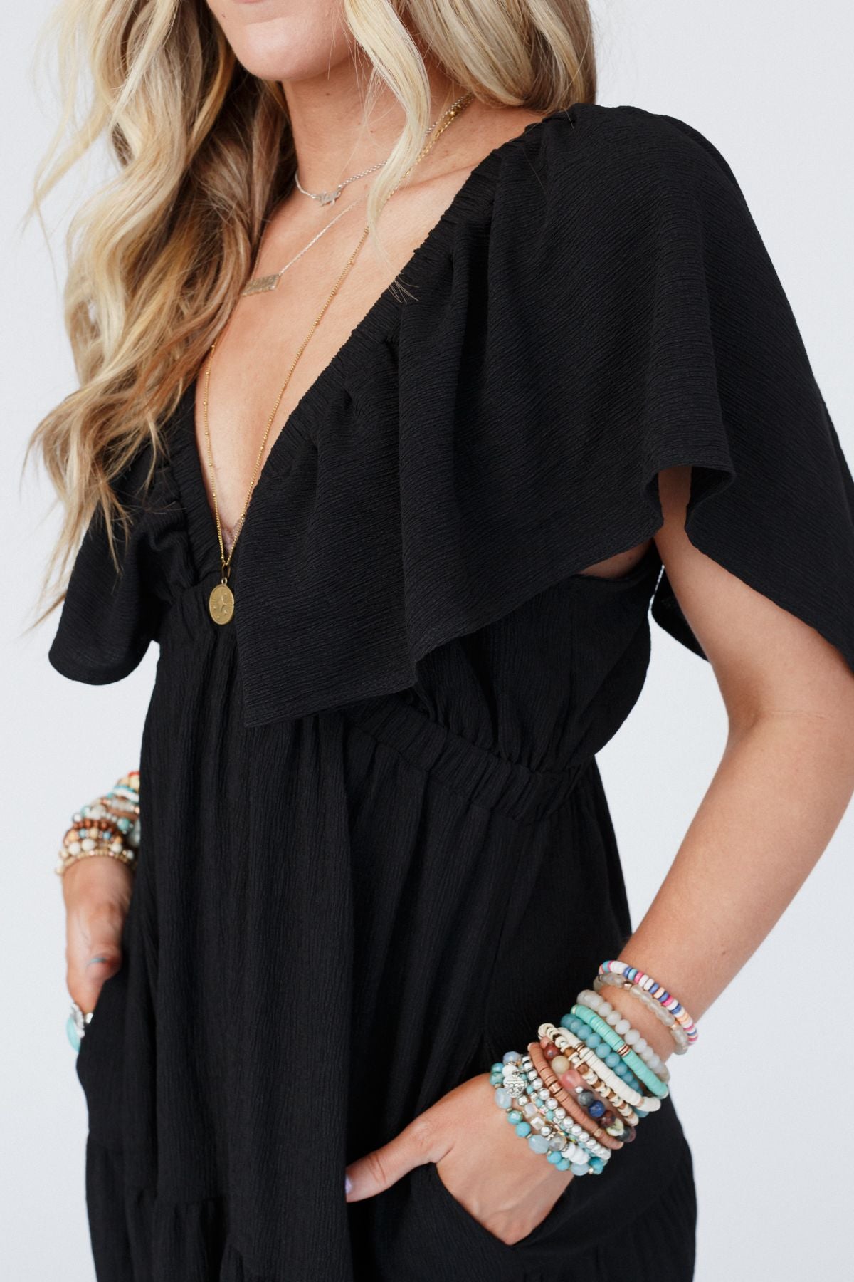 On Repeat Textured Open Back Ruffle Maxi Dress - Black