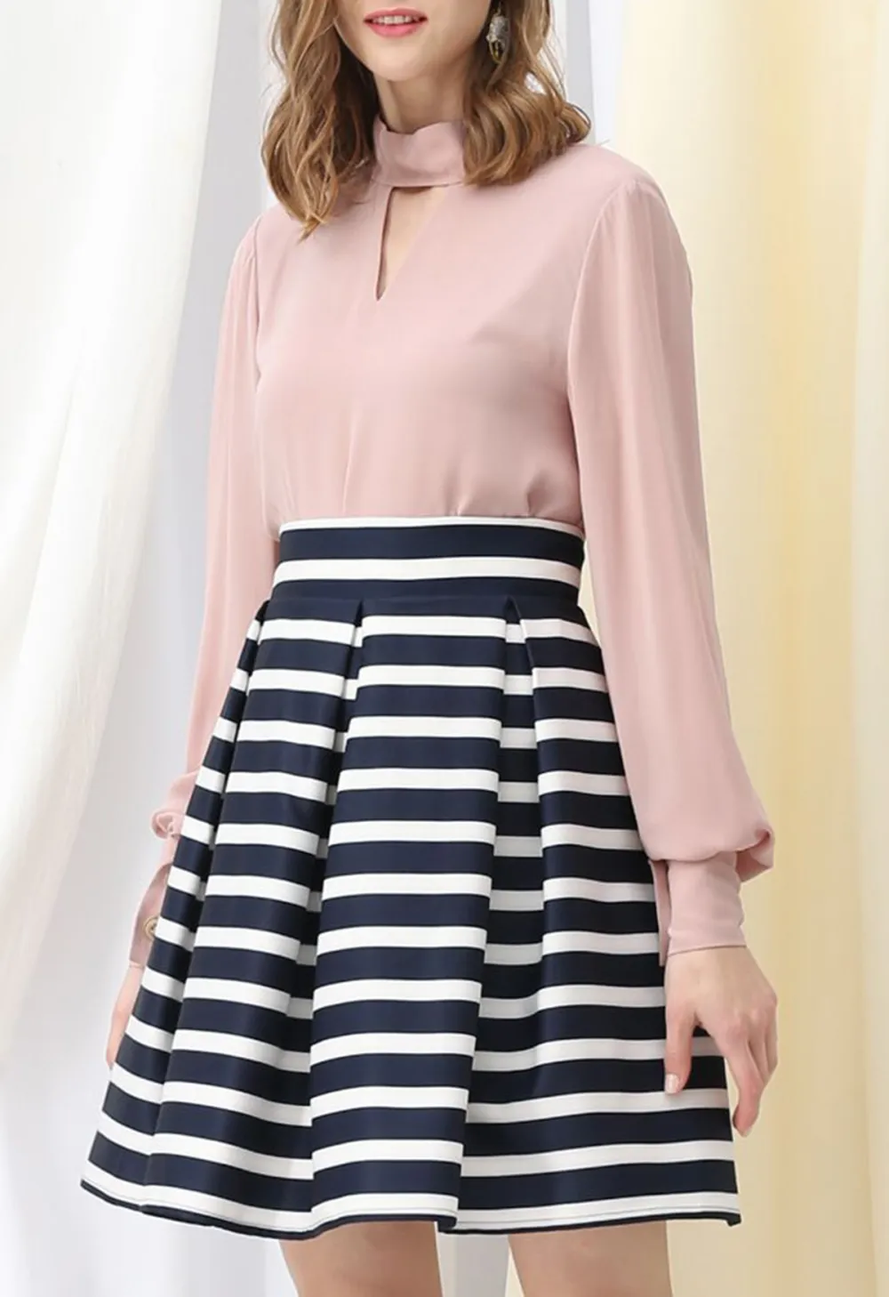 ADORABLE STRIPE PLEATED A-LINE MIDI SKIRT