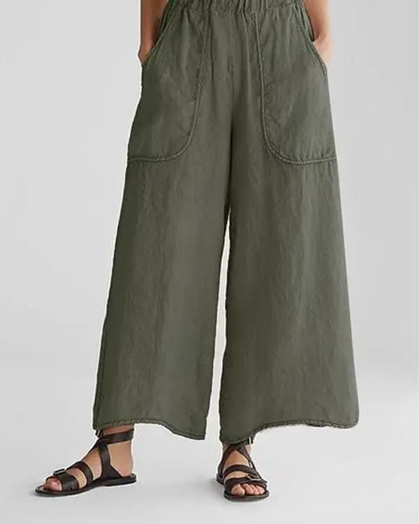 Cotton & Linen Pockets Plus Size Wide Leg Casual Pants