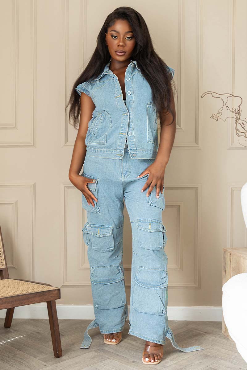 Sleeveless Denim Jacket Wide Leg Jeans Matching Set