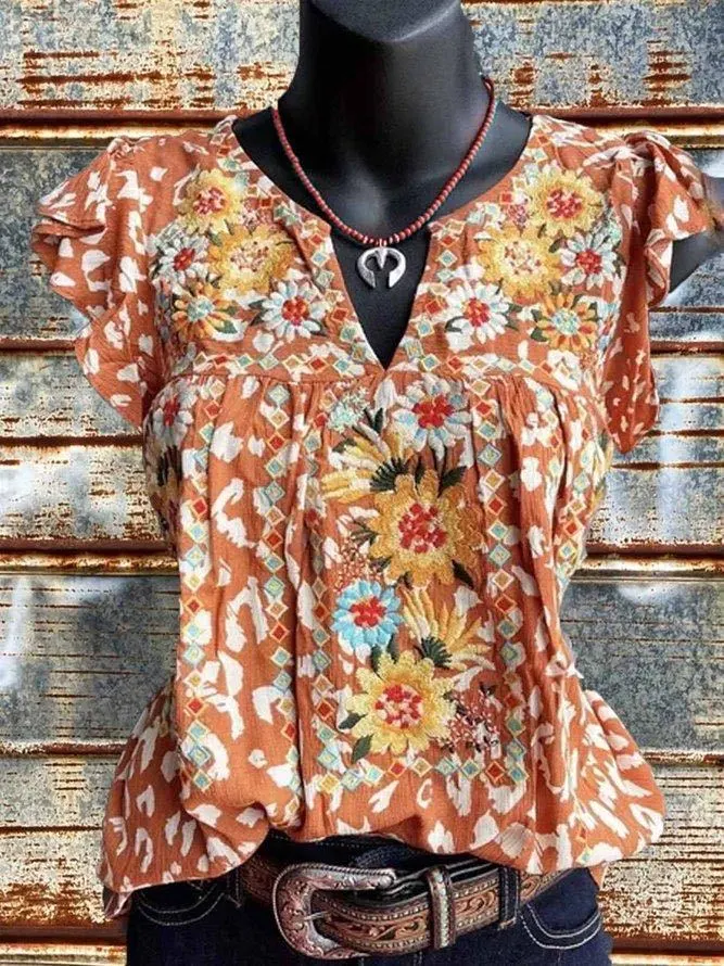 Floral-Print V-Neck Frilled Top