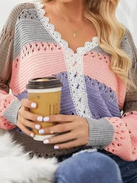 Women's Sweaters V-Neck Hollow Long Sleeve Striped Lace Sweater