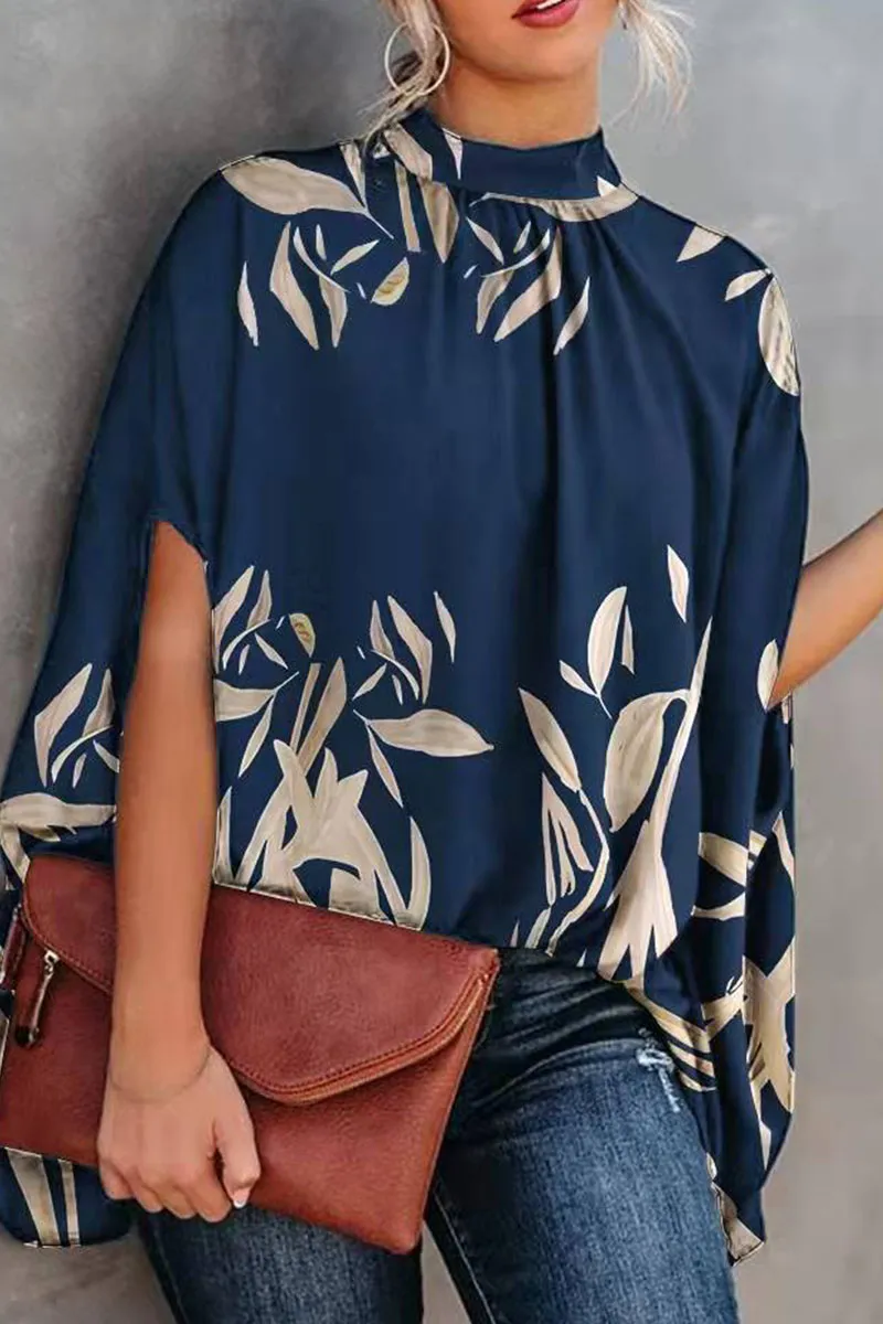 Blue Casual Print Patchwork O Neck Tops