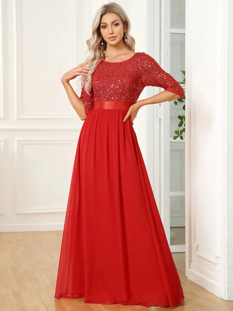 Elegant Round Neckline 3/4 Sleeve Sequins Patchwork Wholesale Evening Dress