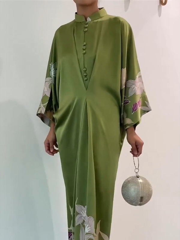 Batwing Sleeves Loose Floral Printed Muslim Pleated Stand Collar Maxi Dresses