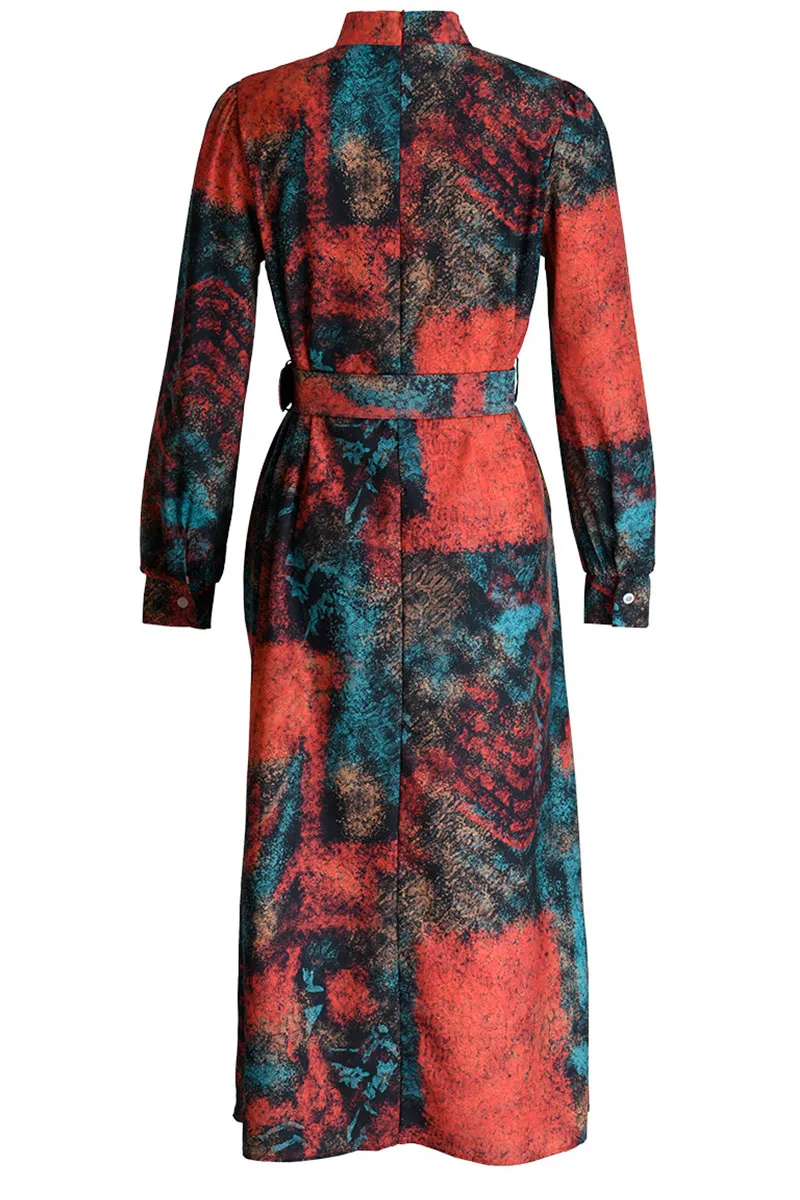 Red Elegant Print Patchwork With Belt O Neck A Line Dresses