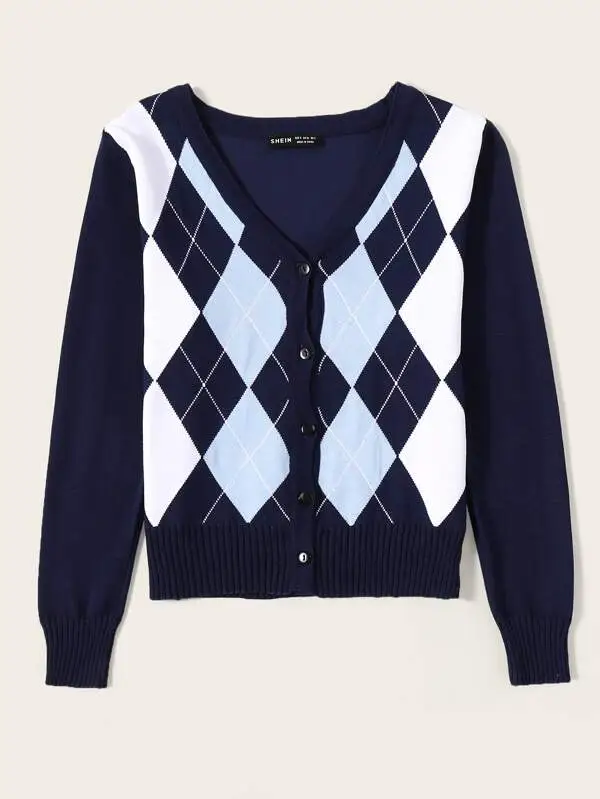 V-neck Button Placket Argyle Pattern Cardigan