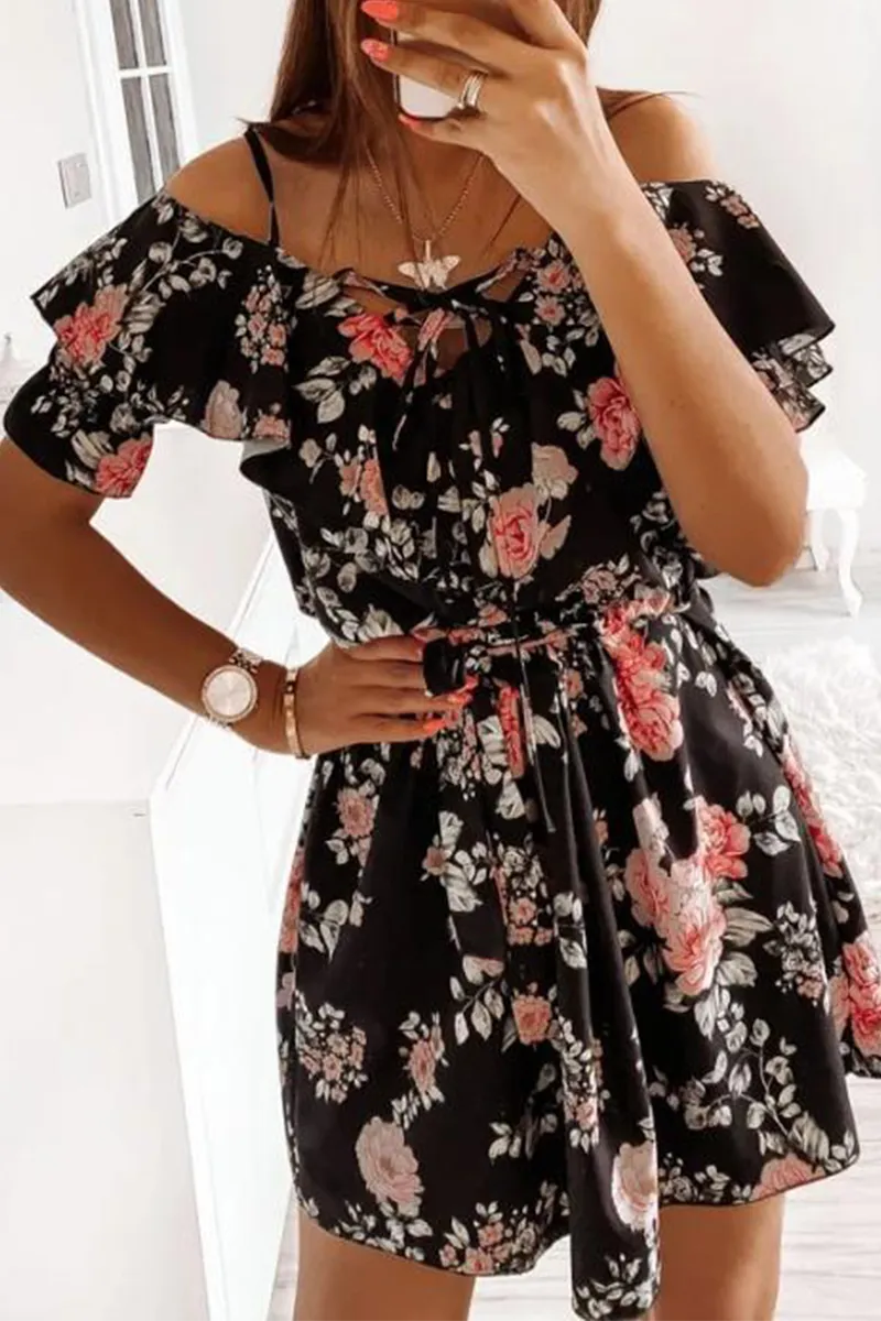 Elegant Floral Frenulum Flounce V Neck A Line Dresses