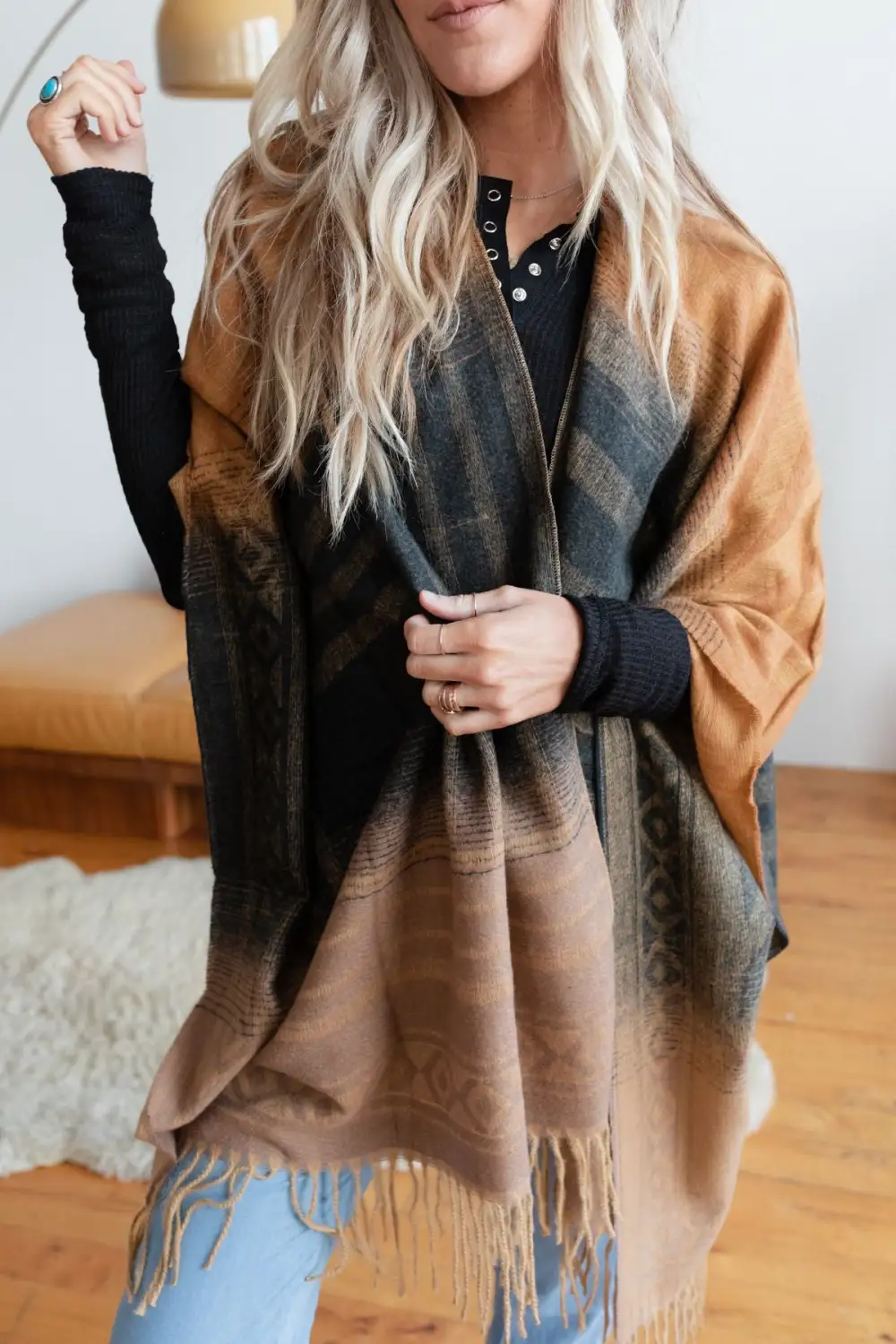 Way Out West Knit Kimono Shawl - Charcoal