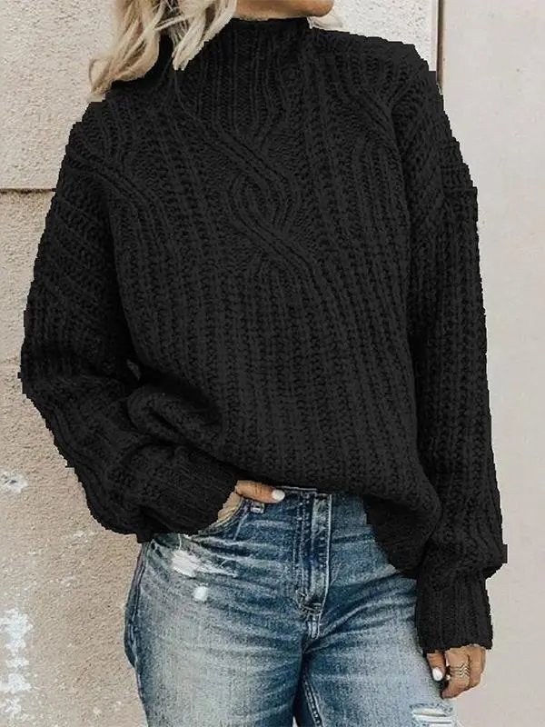 Women's Sweaters High Collar Long Sleeve Twist Knit Sweater