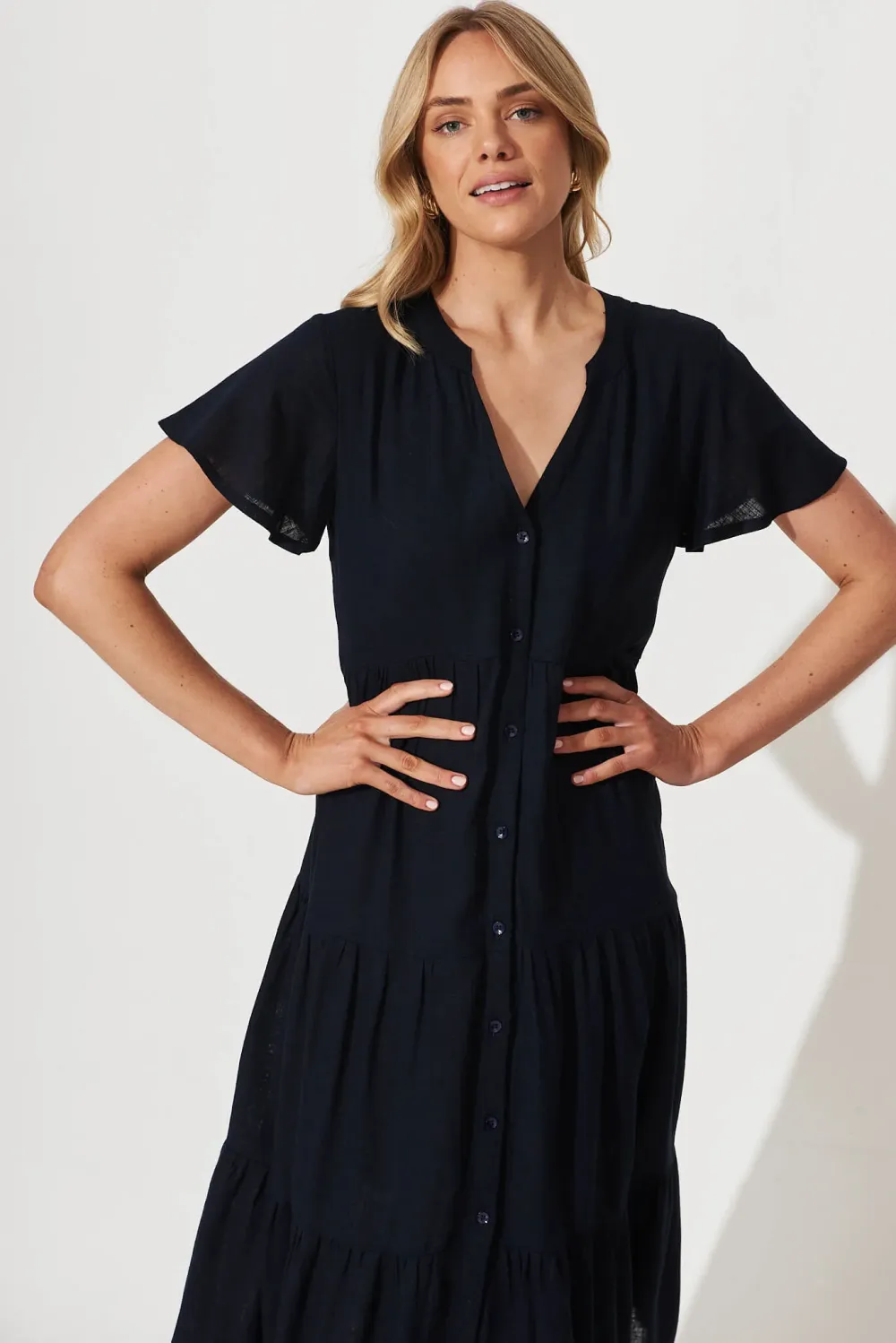 Marvela Midi Shirt Dress In Navy Linen Blend