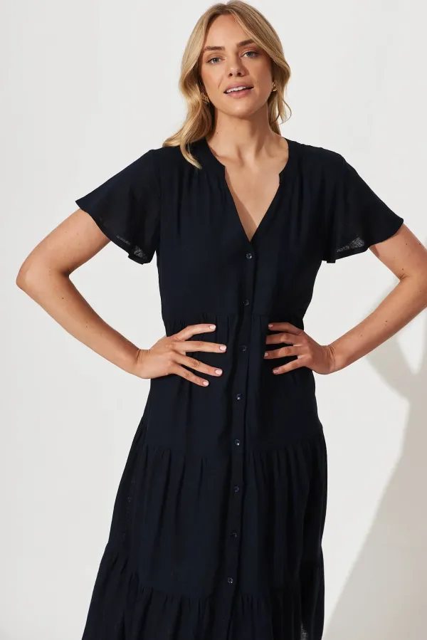 Marvela Midi Shirt Dress In Navy Linen Blend