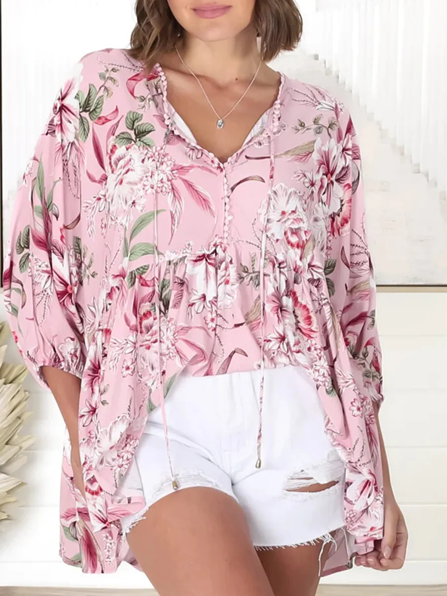 Pink Bohemian V-neck printed shirt