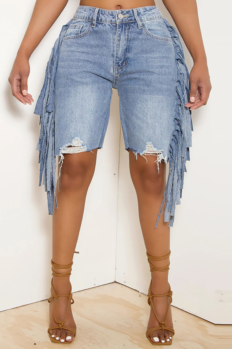 Denim Fringed Ripped High Waist Pocket Shorts