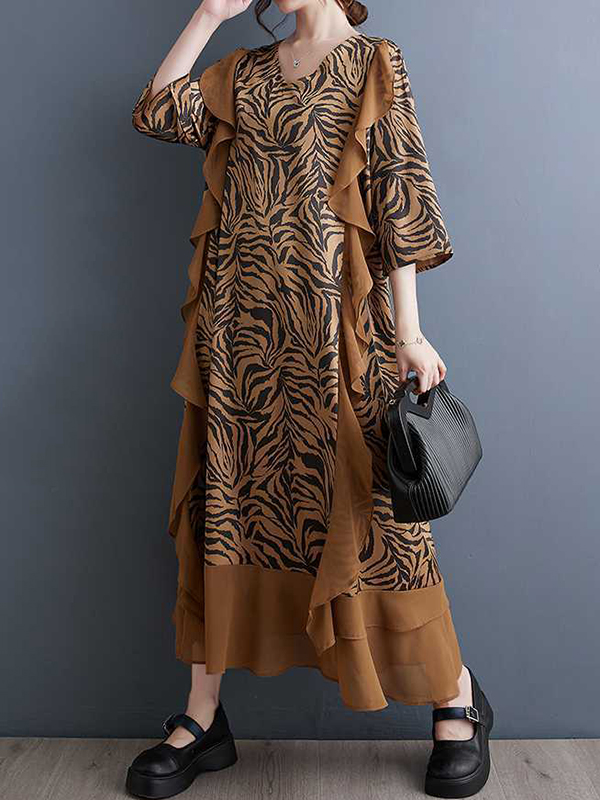 A-Line Batwing Sleeves Ruffled Split-Joint Zebra-Stripe V-Neck Midi Dresses