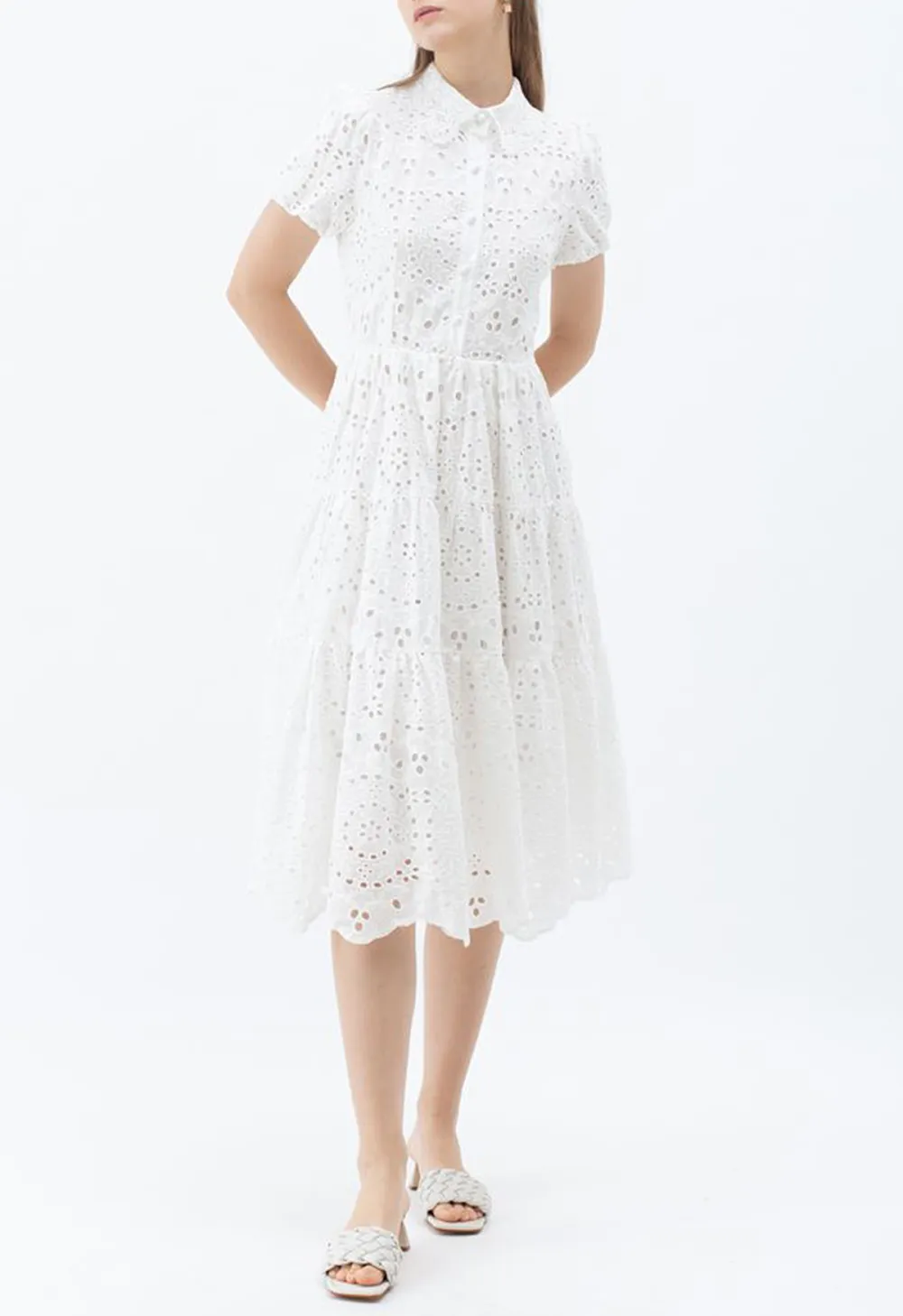 CROCHET COLLAR EMBROIDERED EYELET COTTON DRESS