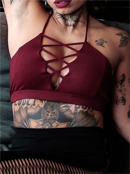 Strappy Crop Top Bra With Lace-up Corset Neckline