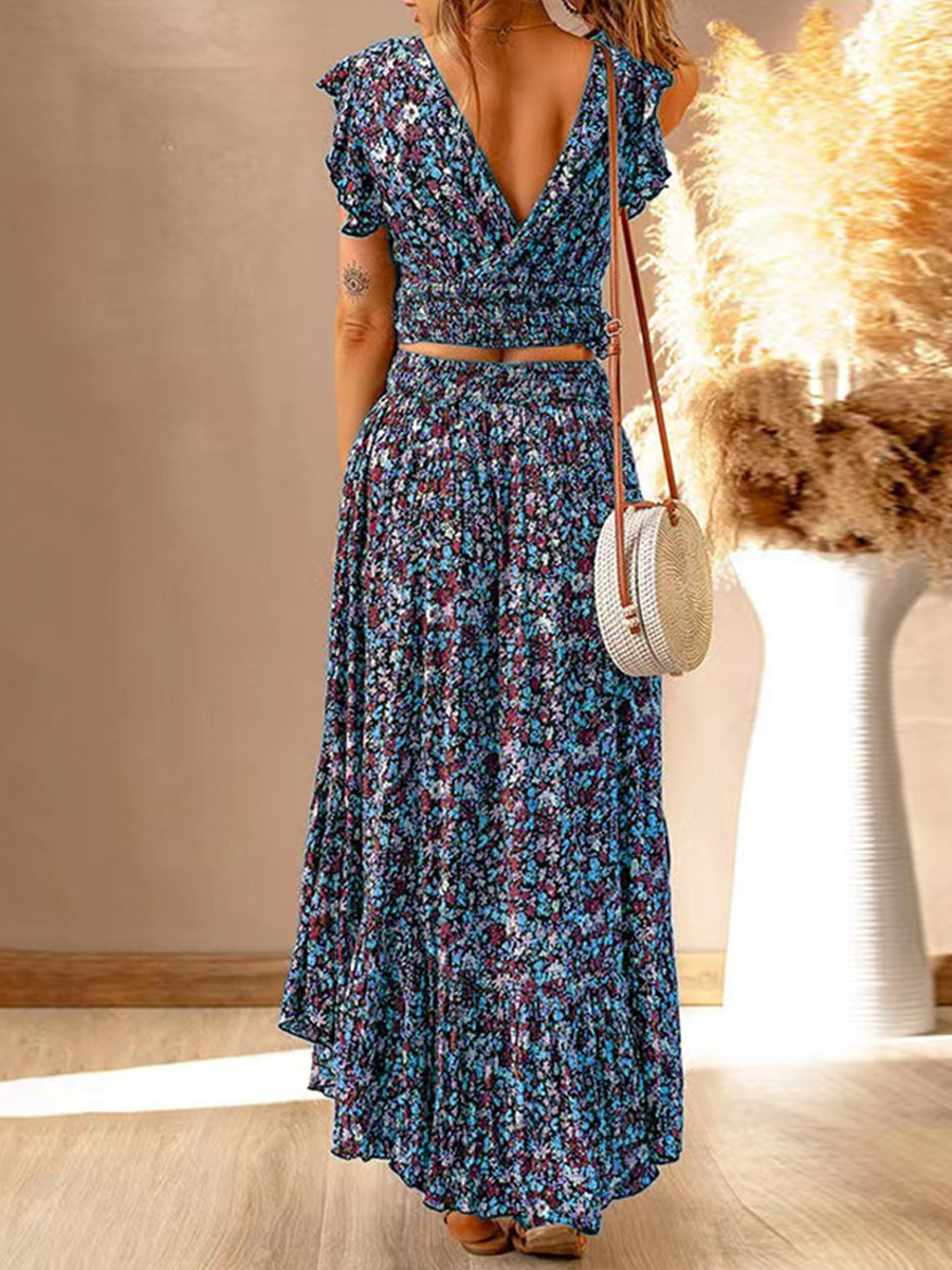 Summer V-Neck Pullover Floral Two Piece Dress