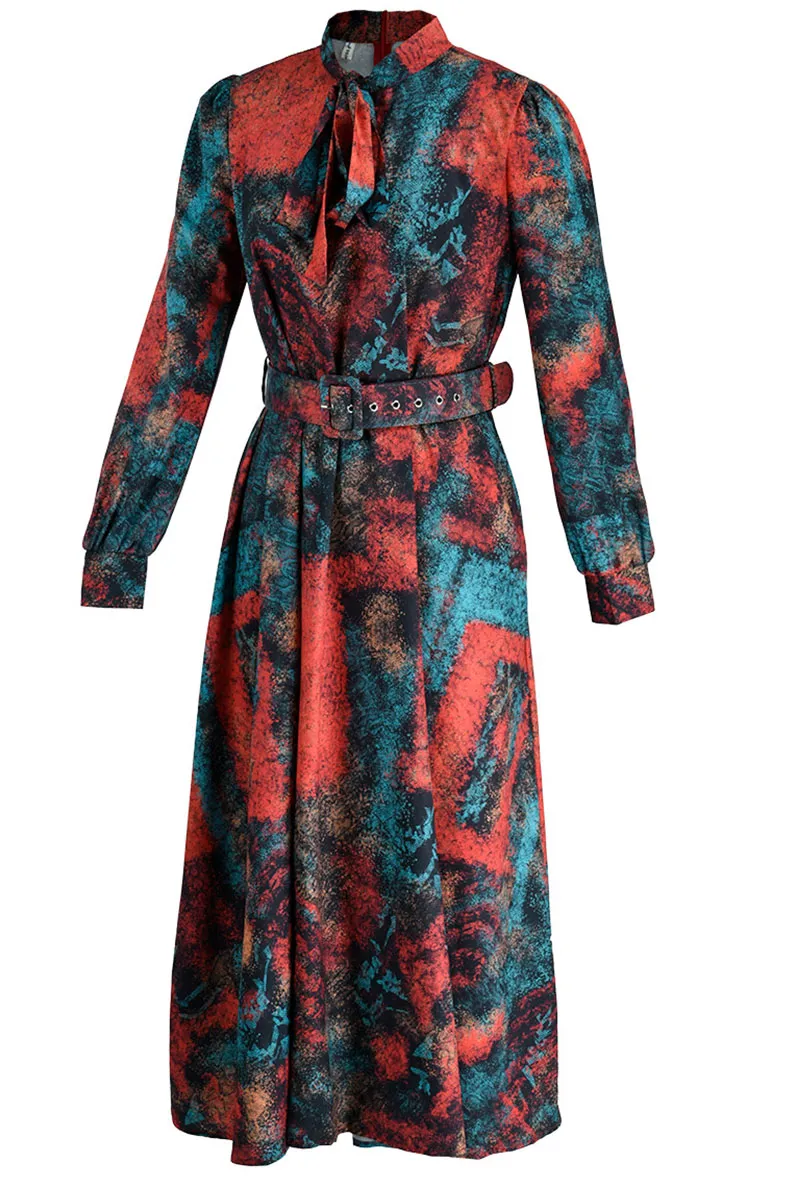 Red Elegant Print Patchwork With Belt O Neck A Line Dresses