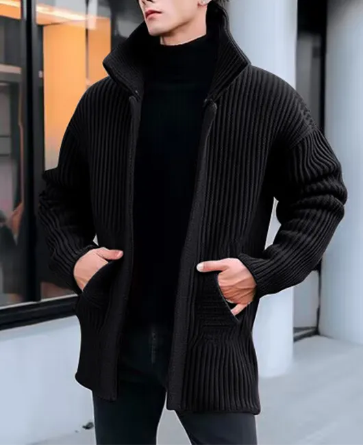 Daily High Neck Slant Pockets Rib Knit Solid Sweater