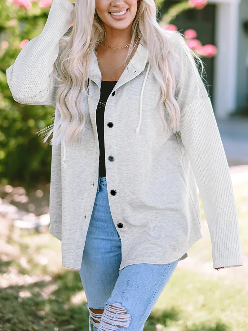 Gray Button Up Contrast Knitted Sleeves Hooded Jacket