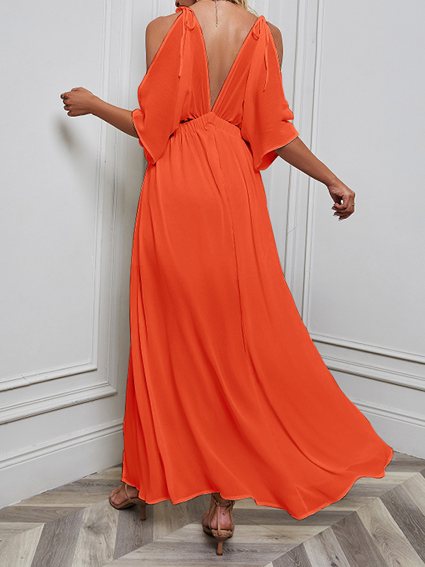 Batwing Sleeves Loose Solid Color Split-Front Deep V-Neck Maxi Dresses