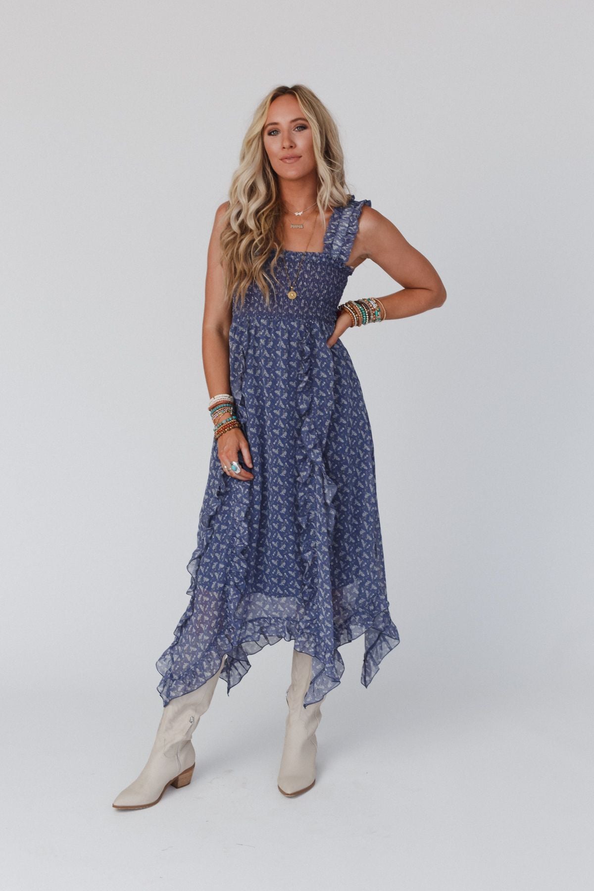 Smitten Smocked Ruffle Maxi Dress - Navy