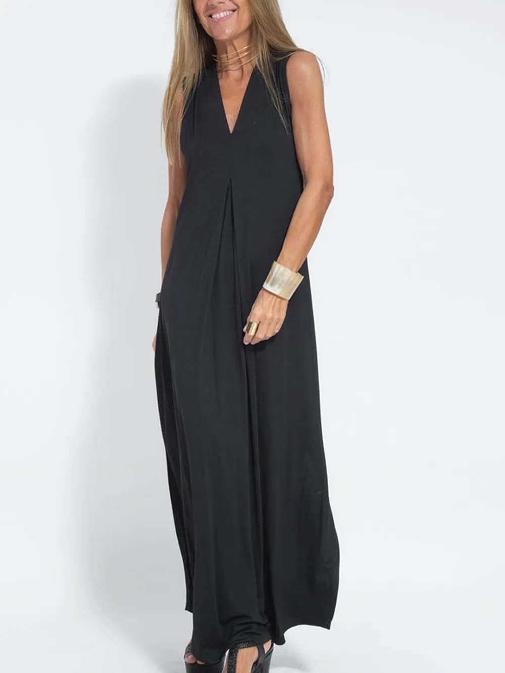 Women Casual Solid Color Sleeveless Maxi Dress