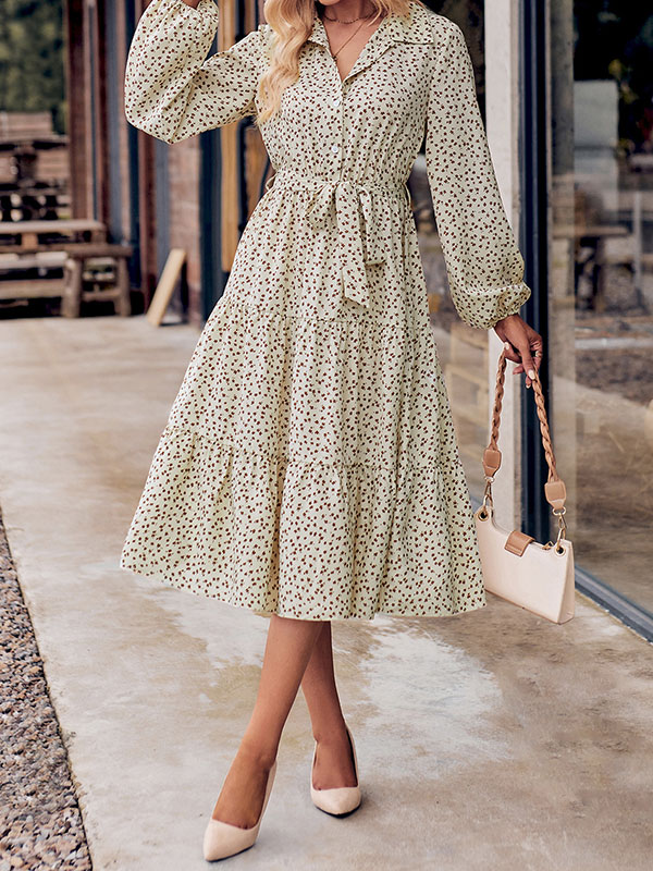 A-Line Long Sleeves Buttoned Flower Print Pleated Split-Joint Tied Waist Lapel Midi Dresses