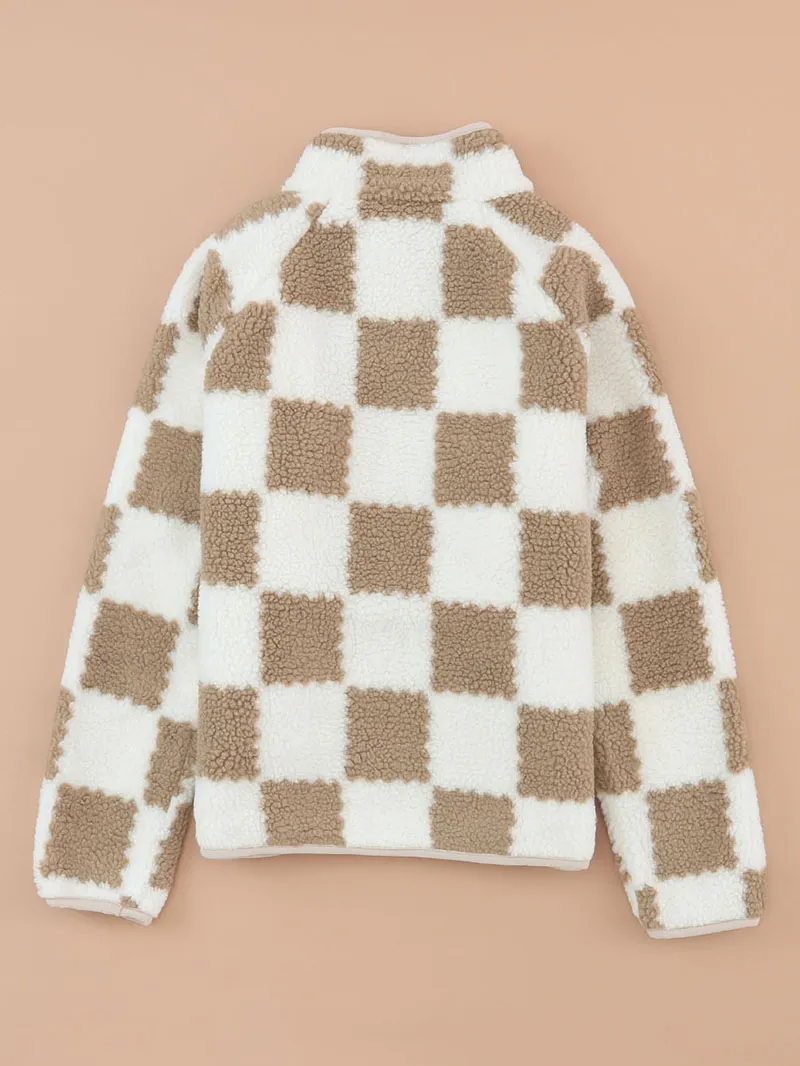 White Checked Snap Button Sherpa Jacket