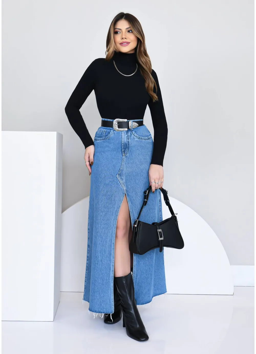 LONG SLIT JEANS SKIRT WITH FRAYED HEM