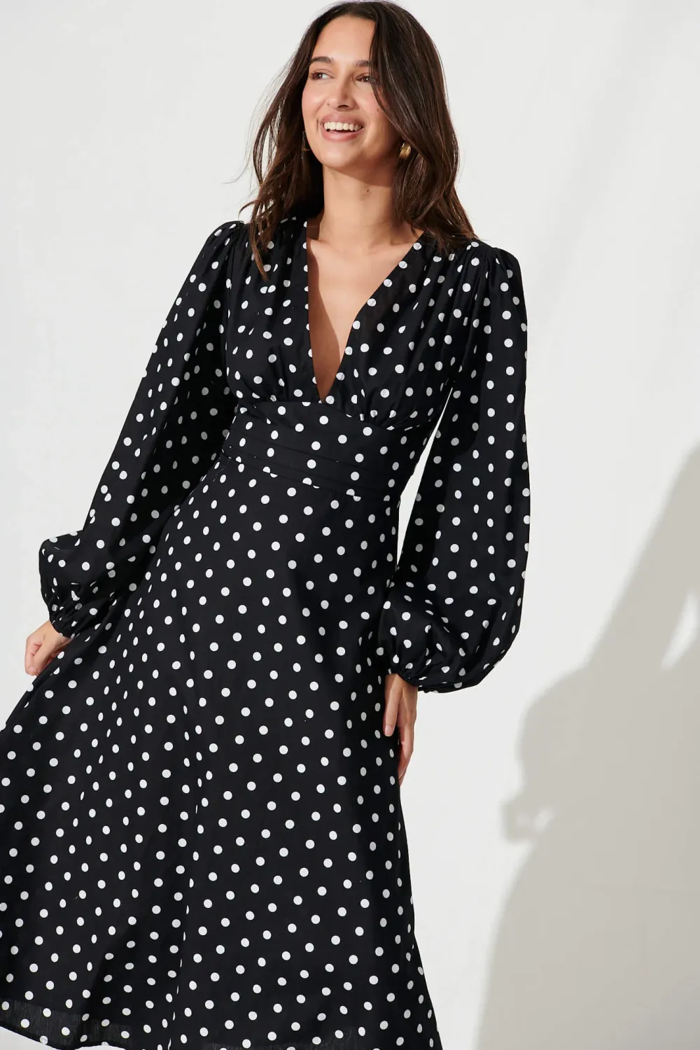 Sunburst Midi Dress In Black With White Spot Cotton