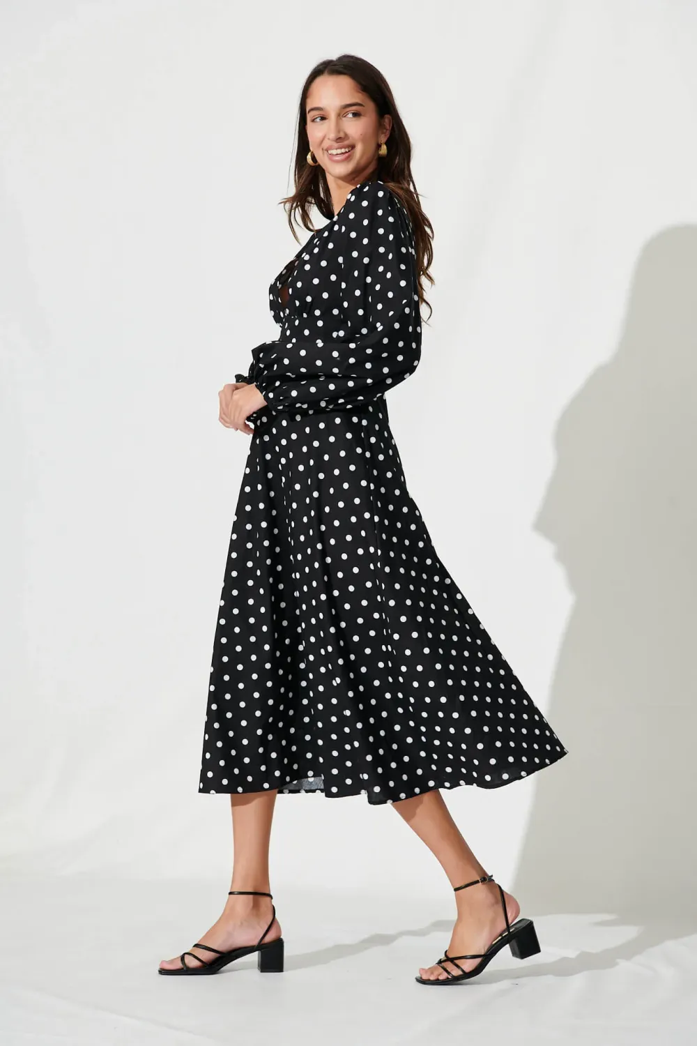 Sunburst Midi Dress In Black With White Spot Cotton