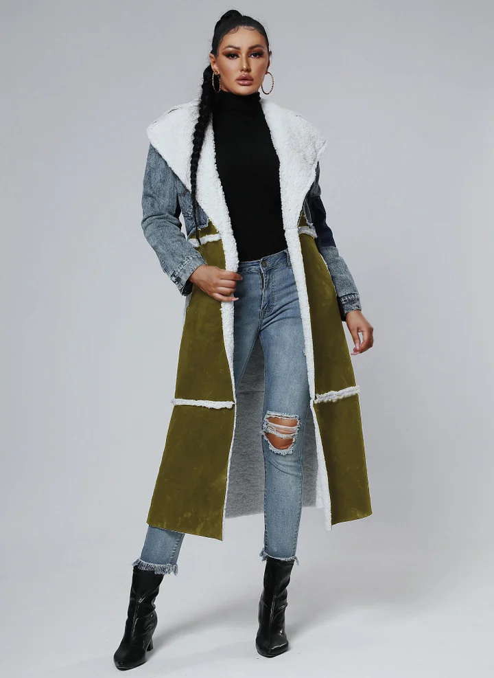 Stitching Fur & Denim Coat Long Outerwear