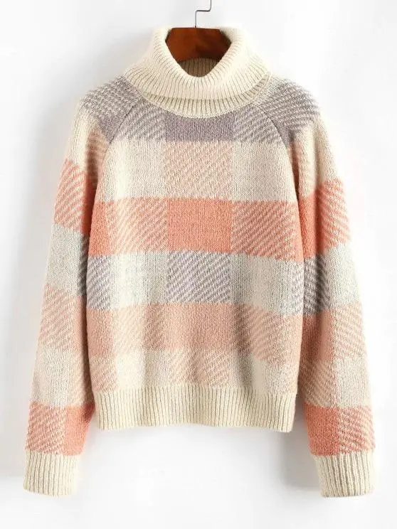 Turtleneck Raglan Sleeve Plaid Sweater