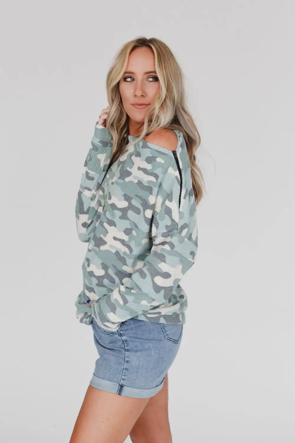 Esme Zipper Long Sleeve Sweater Top - Sage Camo