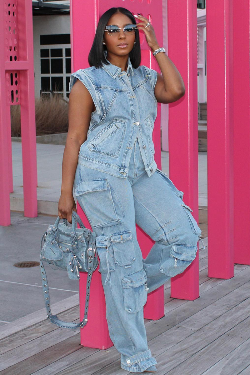 Sleeveless Button Up Denim Jacket Wide Leg Pockets Jeans Matching Set